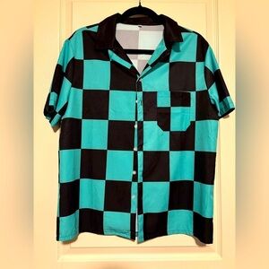 Tanjiro Kamado Demon Slayer Checkered Shirt - Black and Teal Size Medium Unisex‎